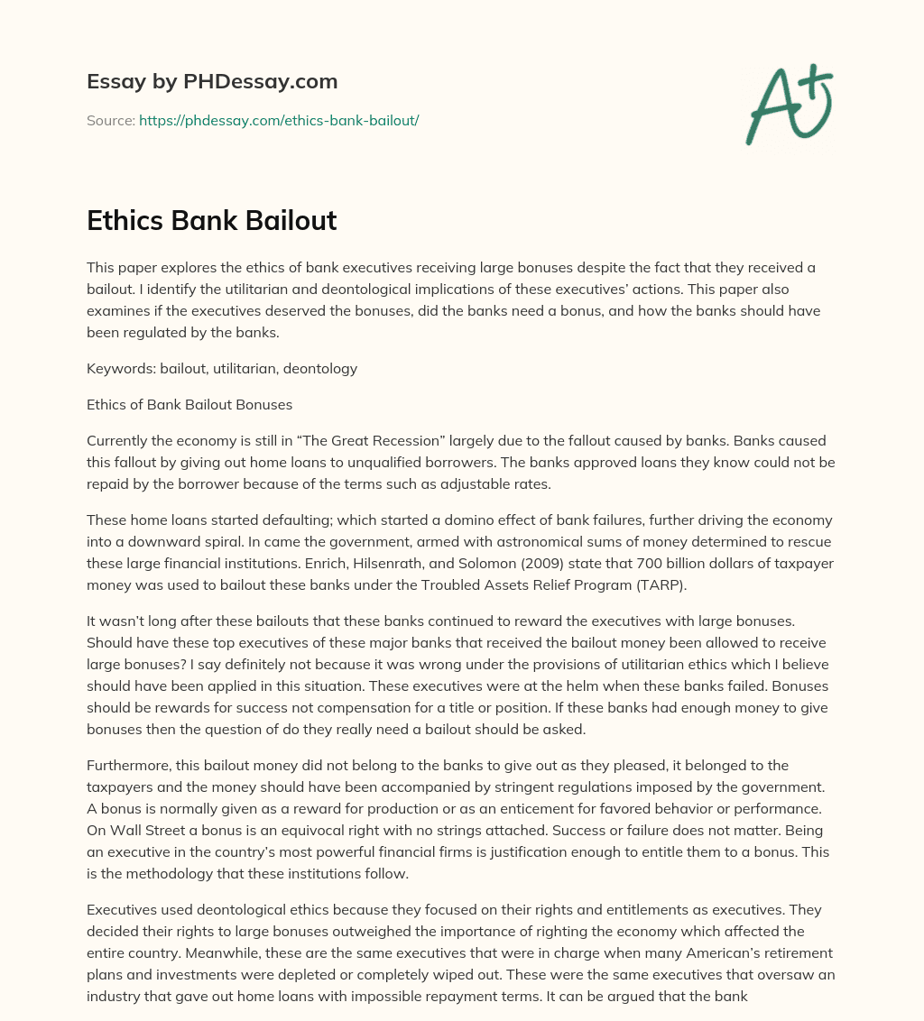 Ethics Bank Bailout essay