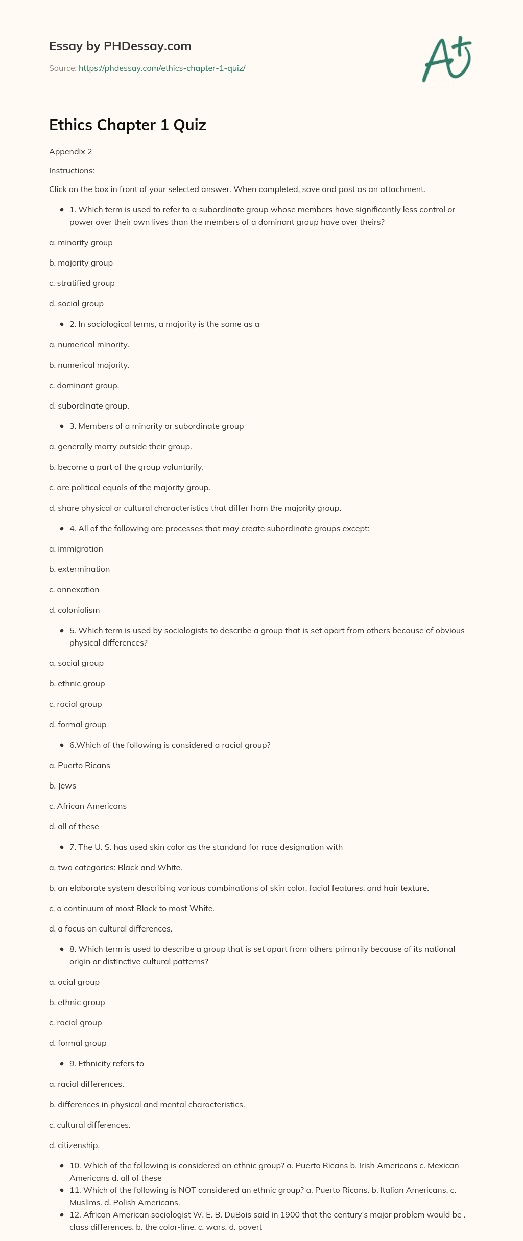 Ethics Chapter 1 Quiz essay
