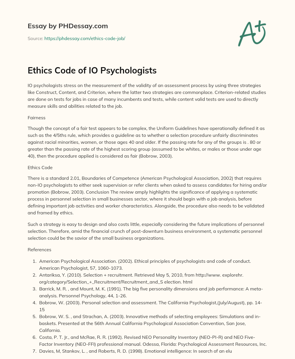 Ethics Code of IO Psychologists essay