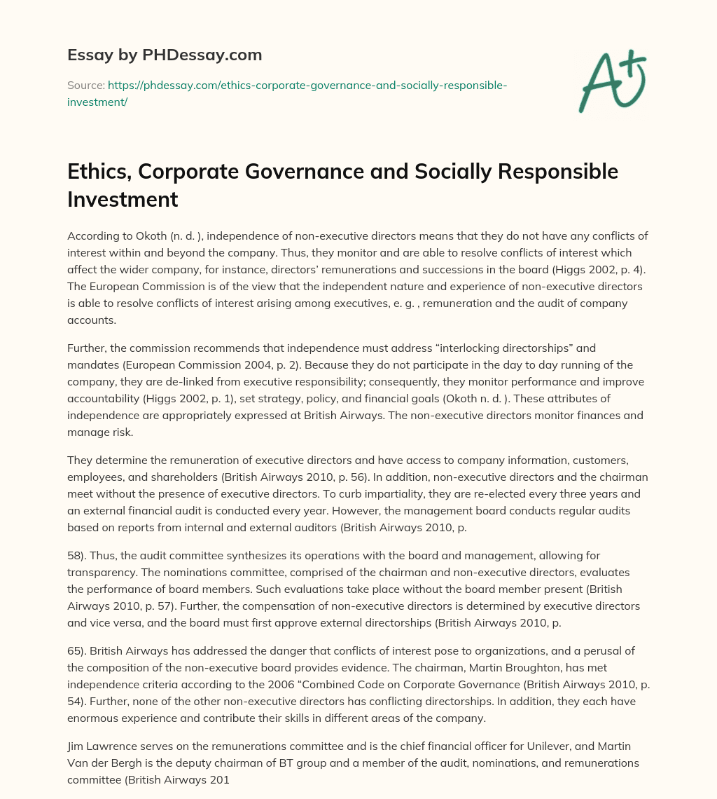 Ethics, Corporate Governance and Socially Responsible Investment essay