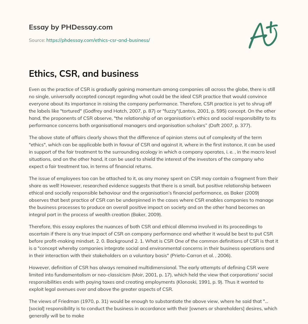 Ethics, CSR, and business essay