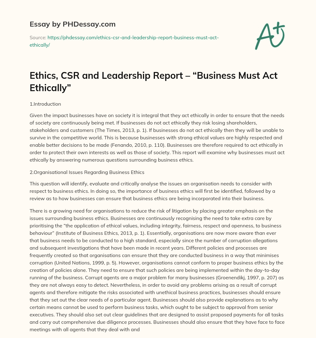 Ethics, CSR and Leadership Report – “Business Must Act Ethically” essay