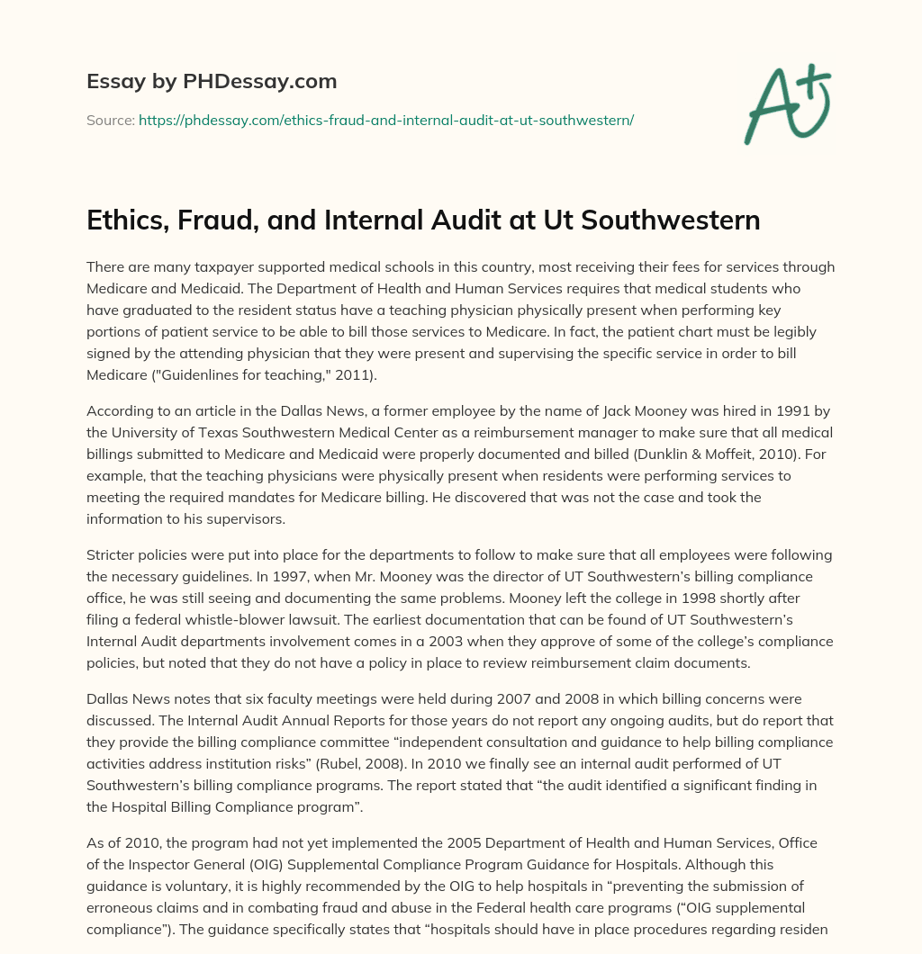 Ethics, Fraud, and Internal Audit at Ut Southwestern essay