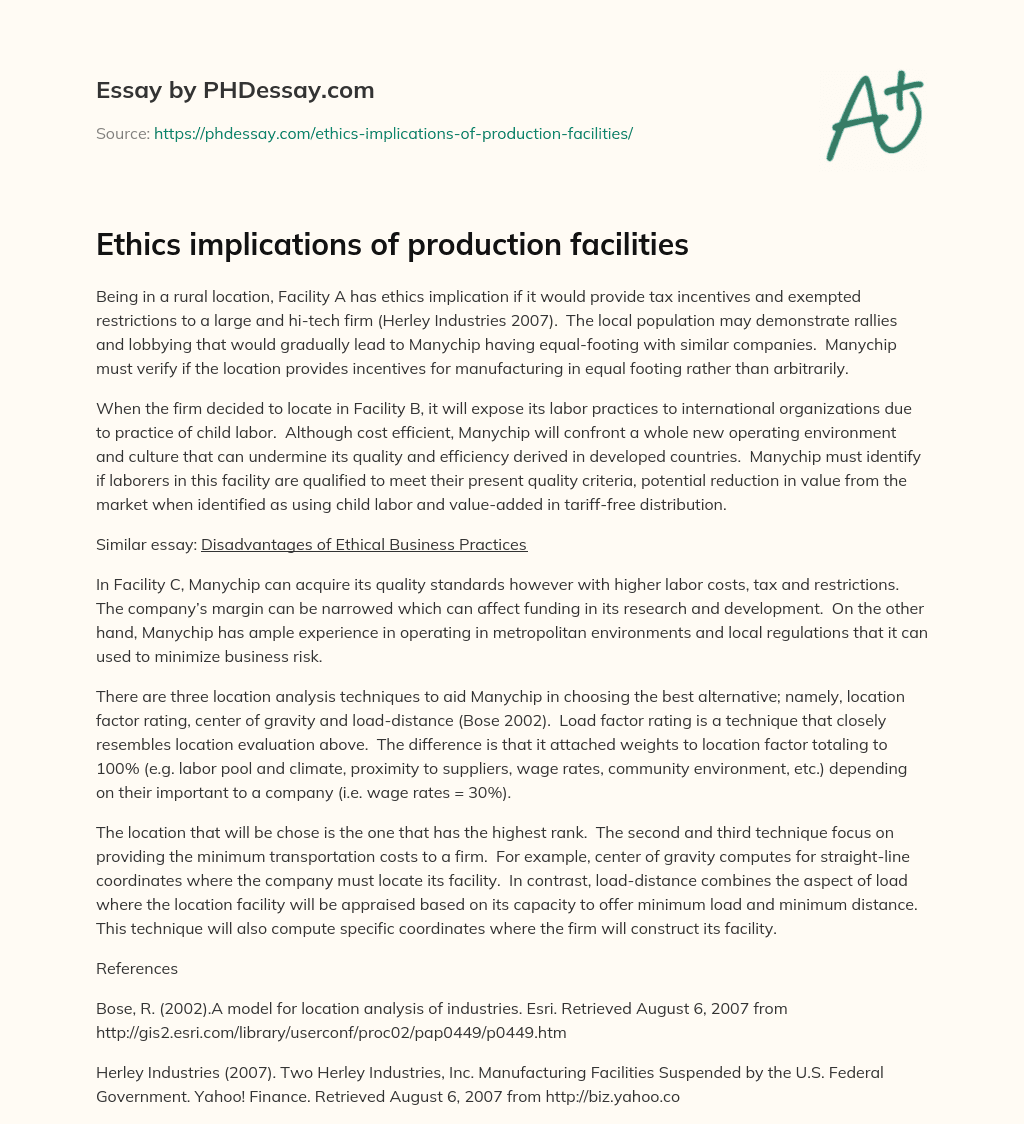 Ethics implications of production facilities essay