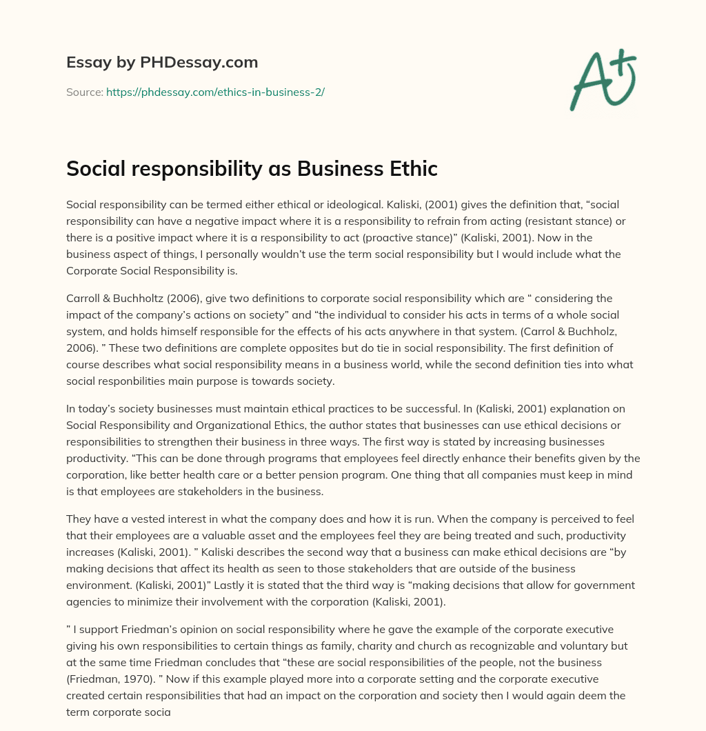 Social responsibility as Business Ethic essay