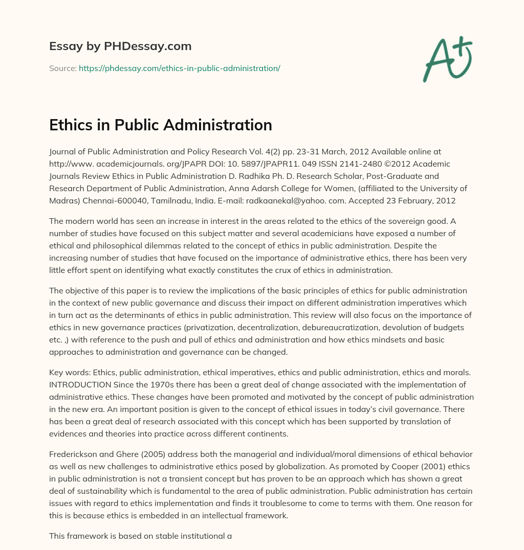 Ethics in Public Administration essay