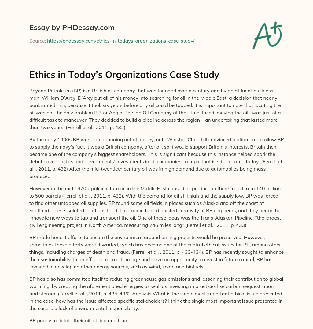 Ethics in Today’s Organizations Case Study essay