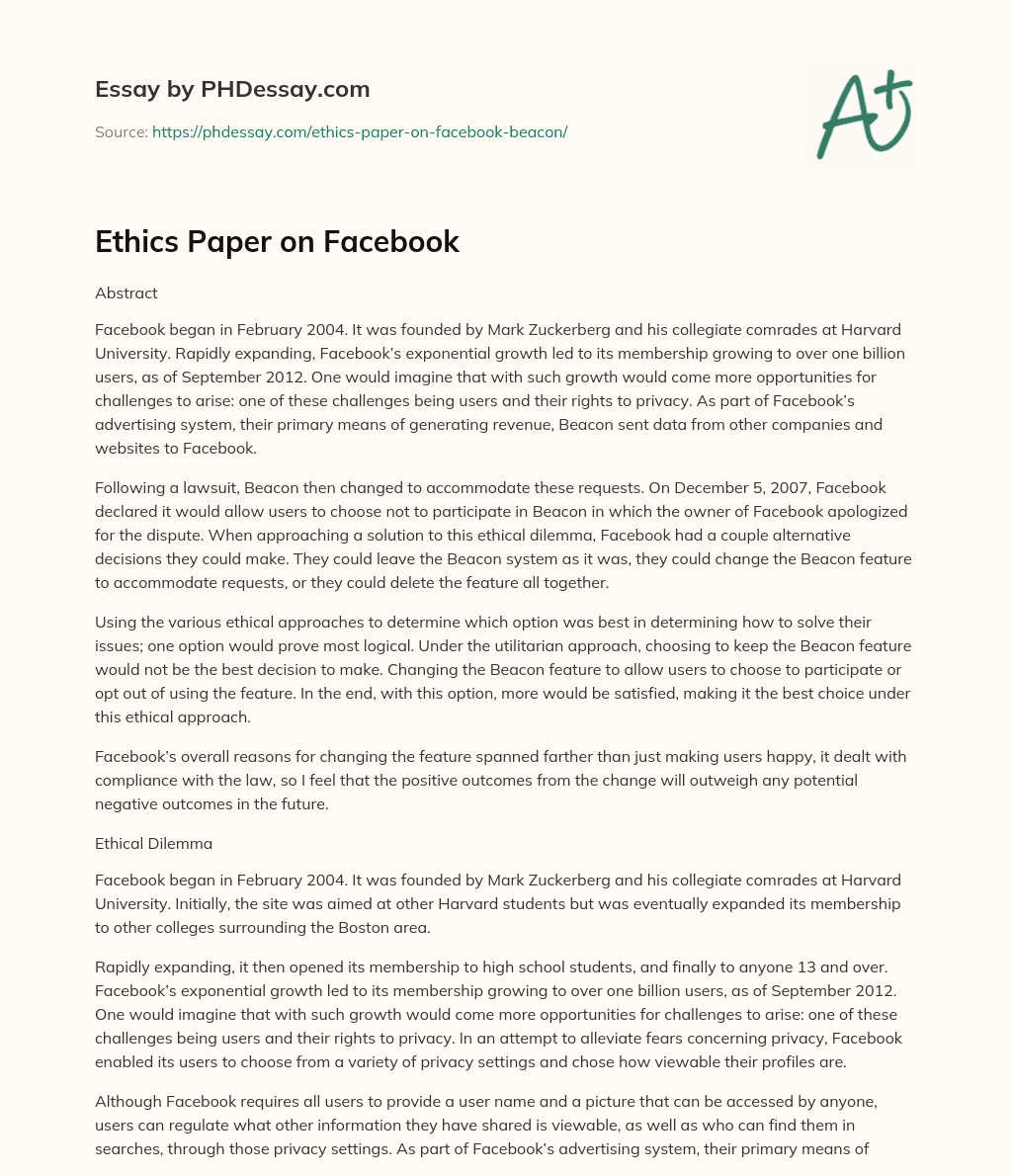 Ethics Paper on Facebook essay
