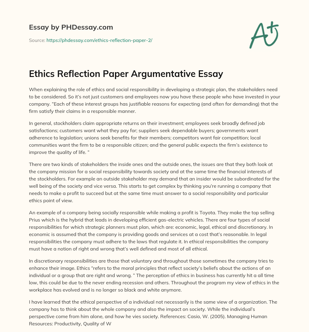 Ethics Reflection Paper Argumentative Essay essay