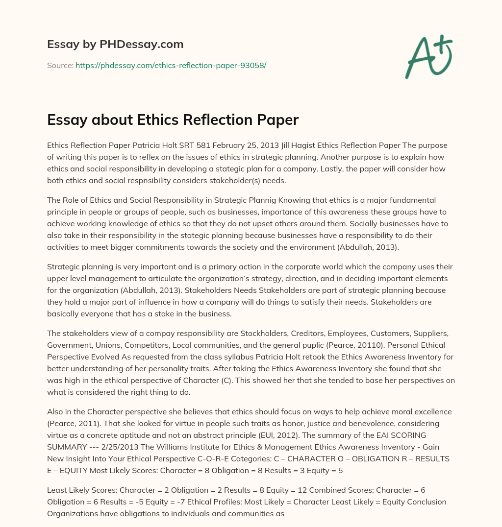 Essay about Ethics Reflection Paper essay