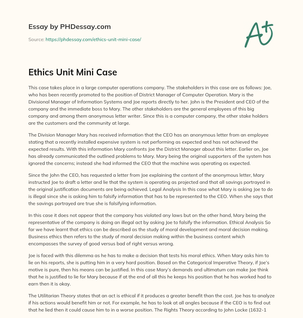 Ethics Unit Mini Case essay