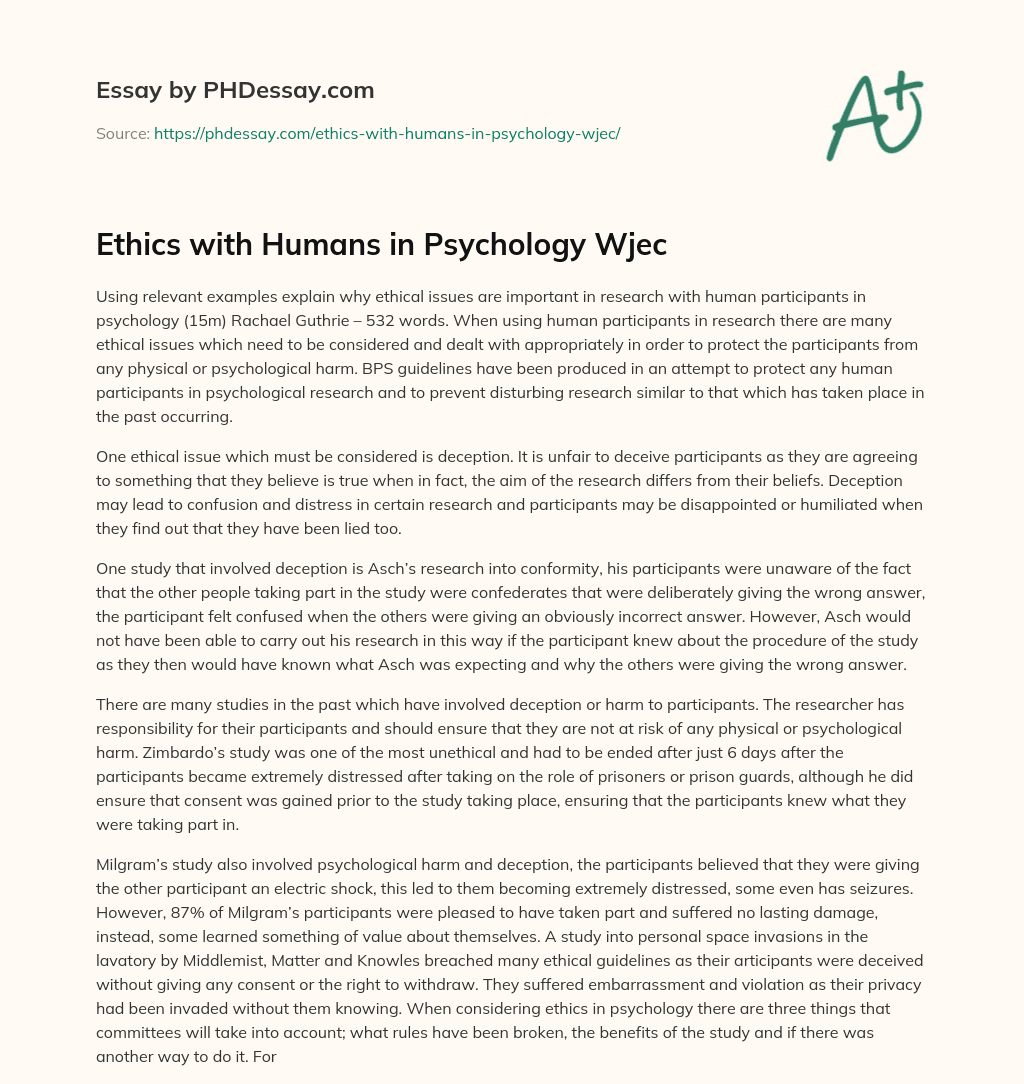 Ethics with Humans in Psychology Wjec essay
