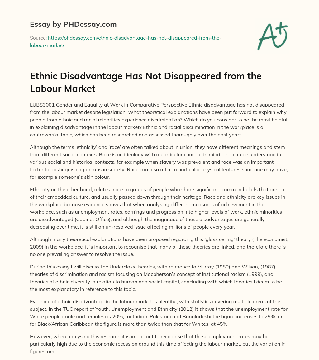Ethnic Disadvantage Has Not Disappeared from the Labour Market essay