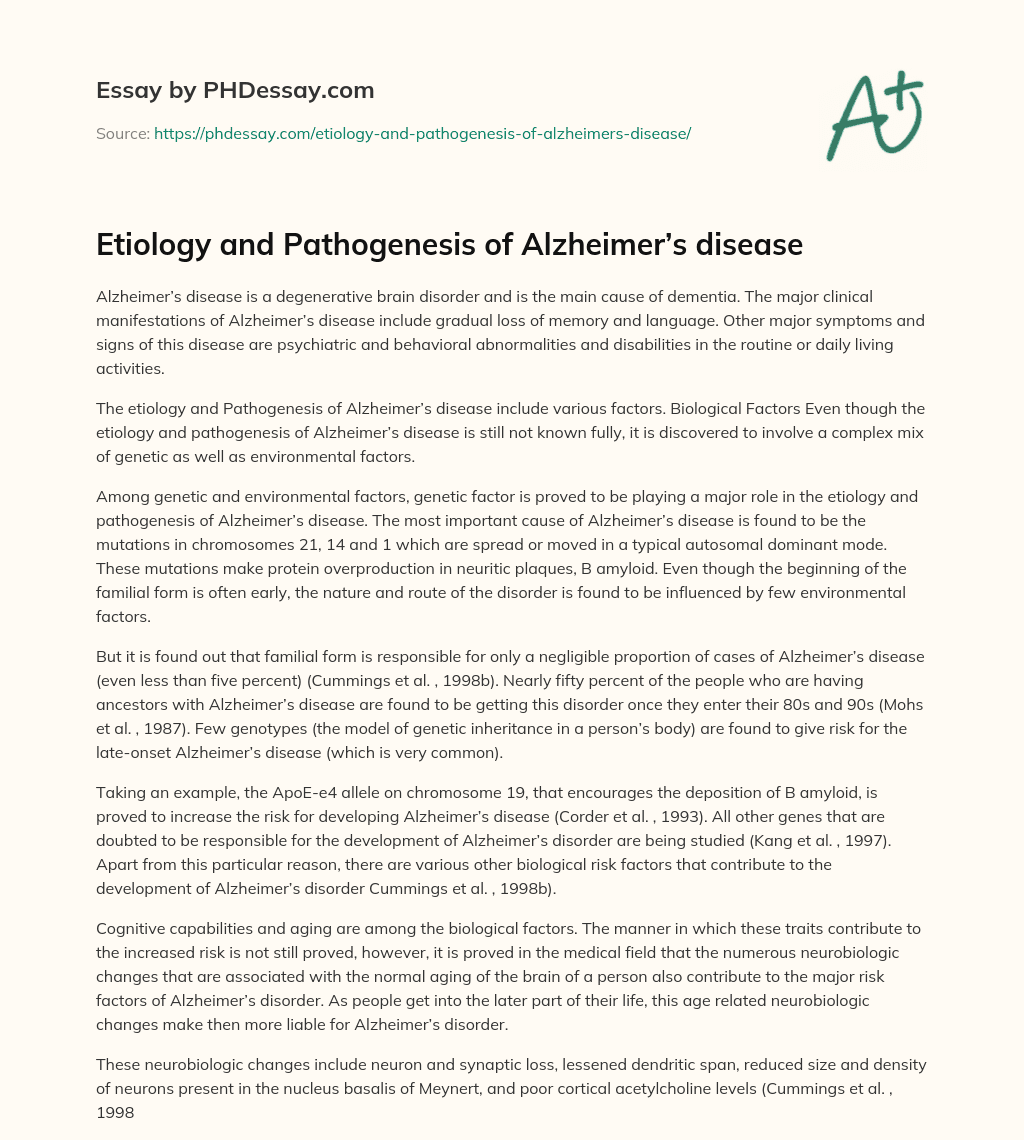 Etiology and Pathogenesis of Alzheimer’s disease essay