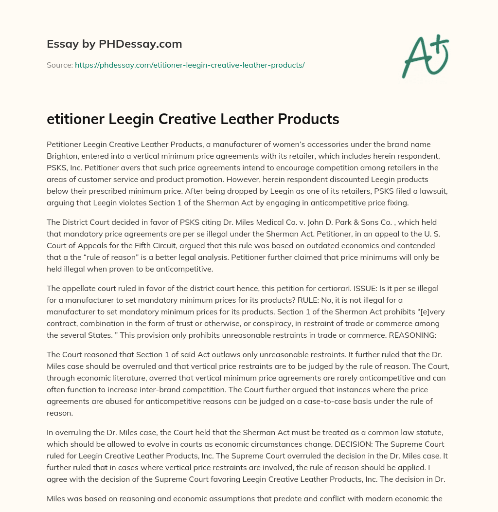 etitioner Leegin Creative Leather Products essay