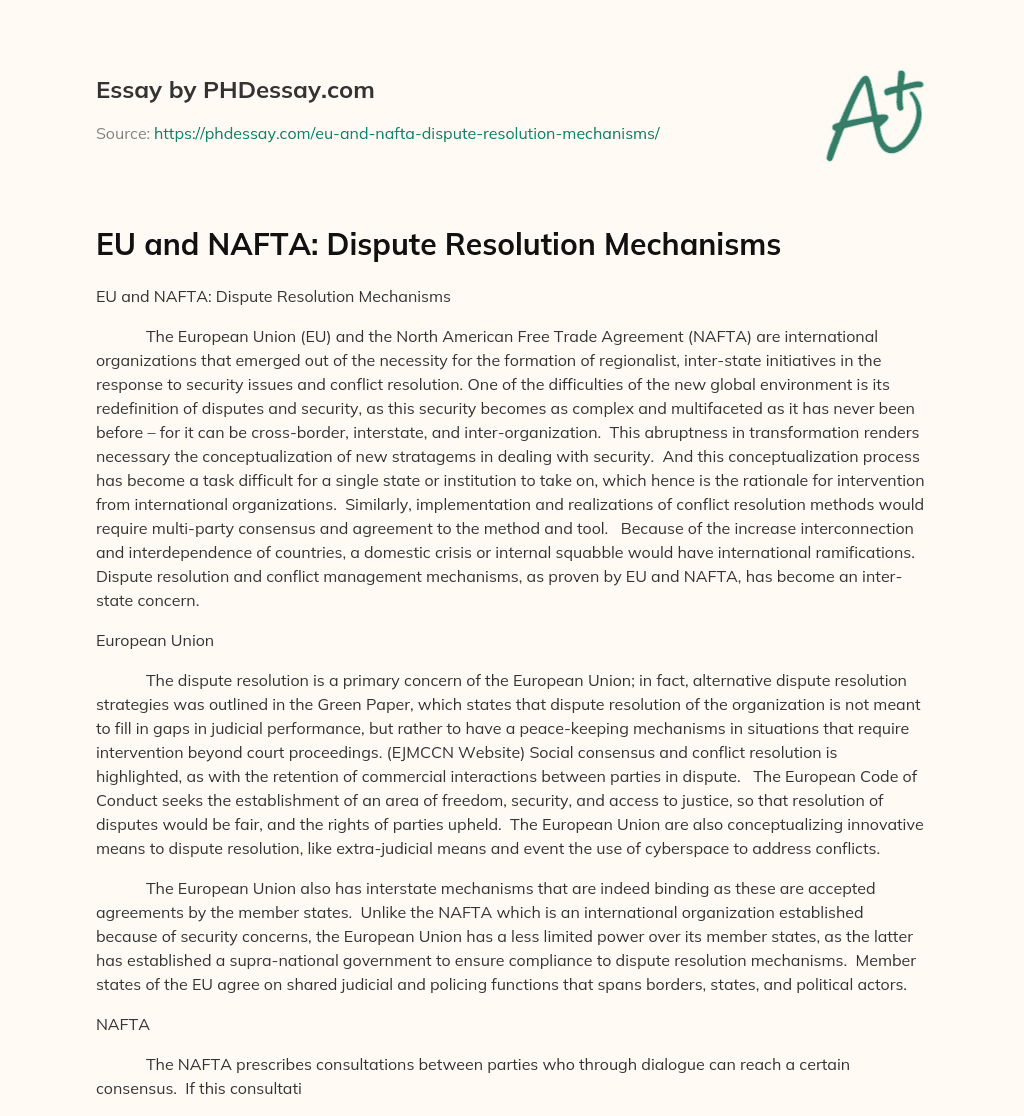 EU and NAFTA: Dispute Resolution Mechanisms essay