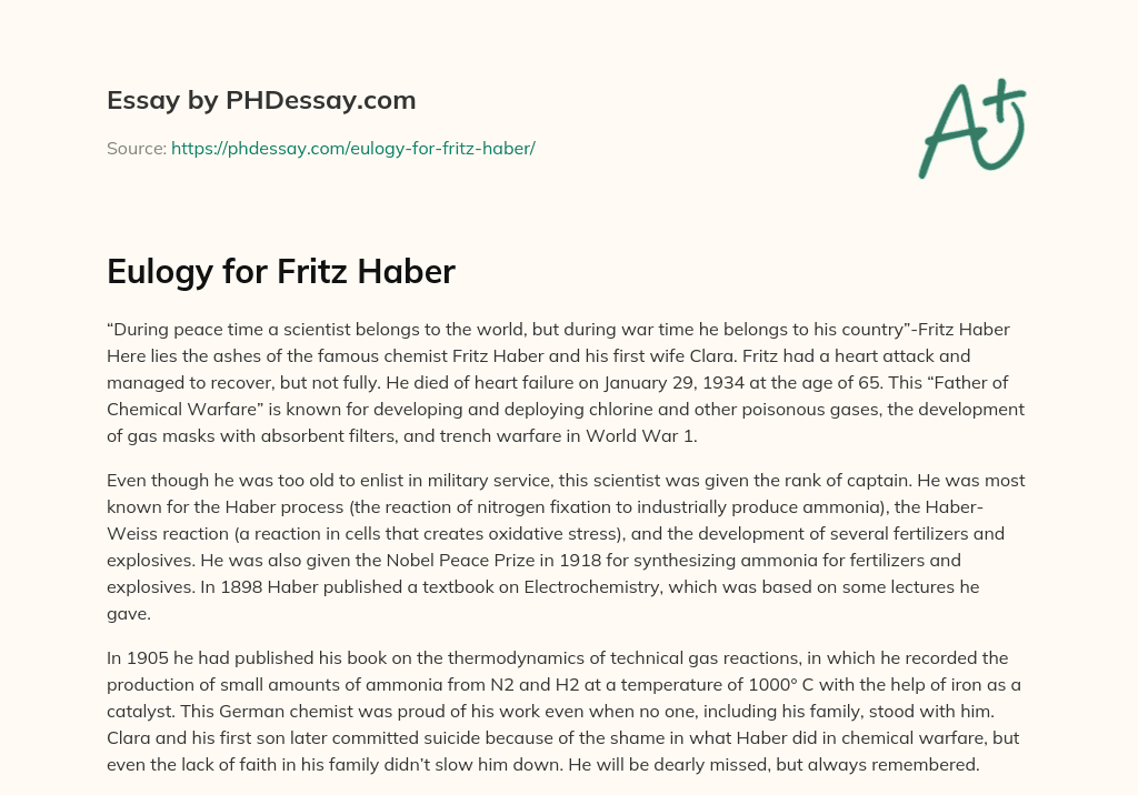 Eulogy for Fritz Haber essay