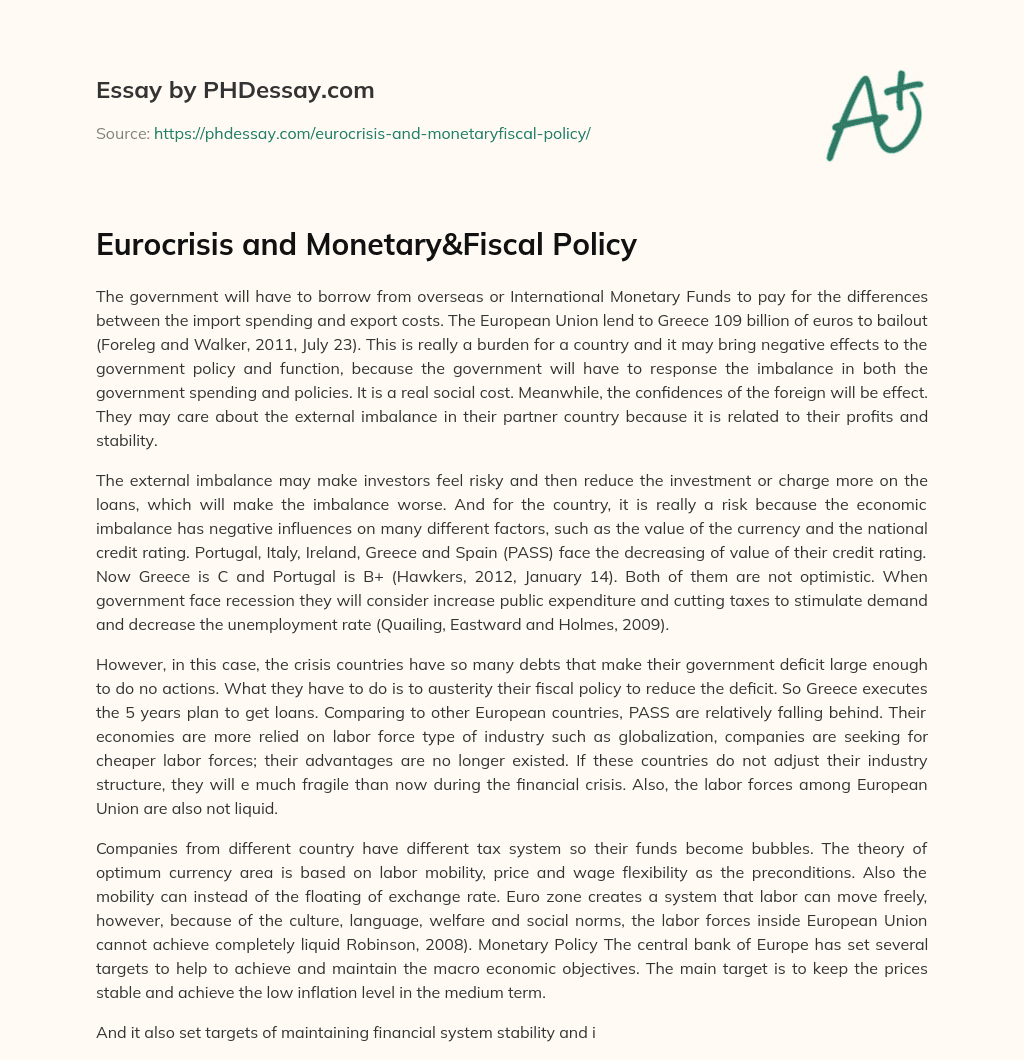 Eurocrisis and Monetary&Fiscal Policy essay