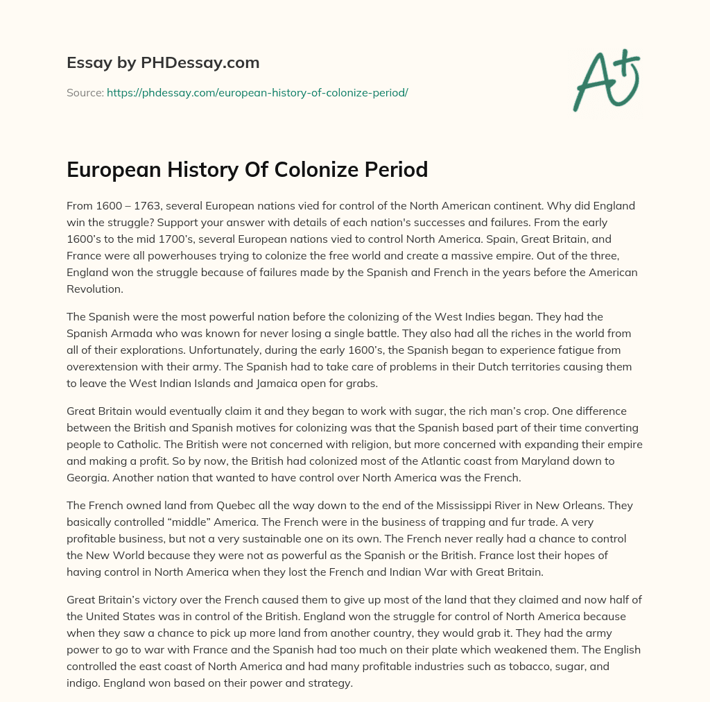 European History Of Colonize Period essay