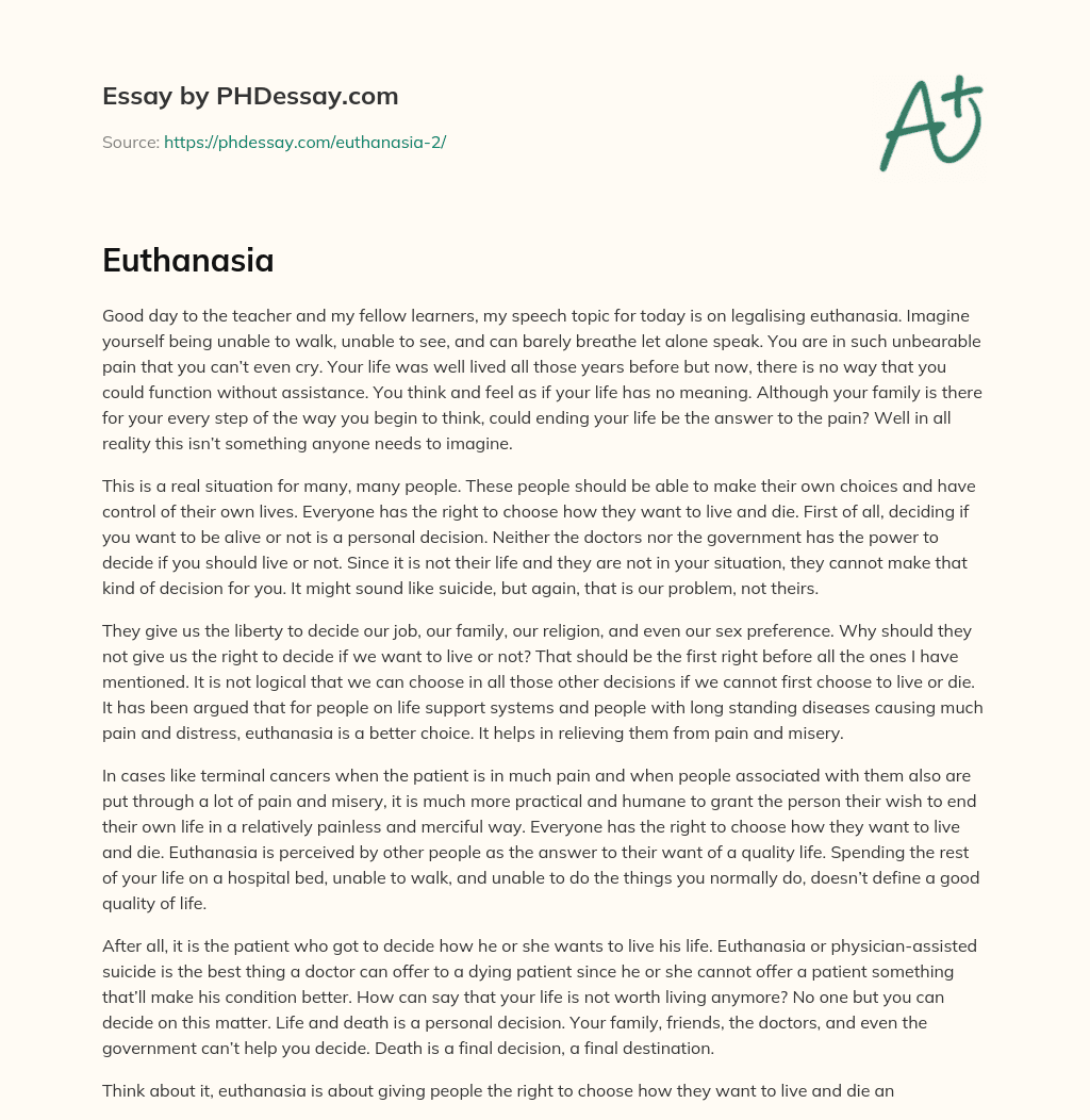 Legalising Euthanasia: The Right to Choose Your Own Destiny essay