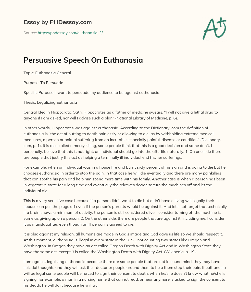 Persuasive Speech On Euthanasia essay