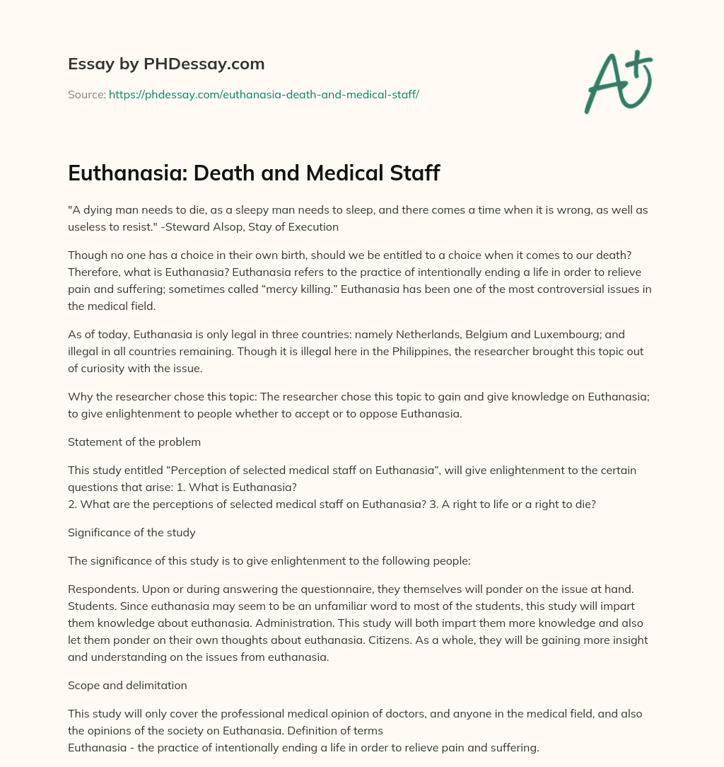 Euthanasia: Death and Medical Staff essay