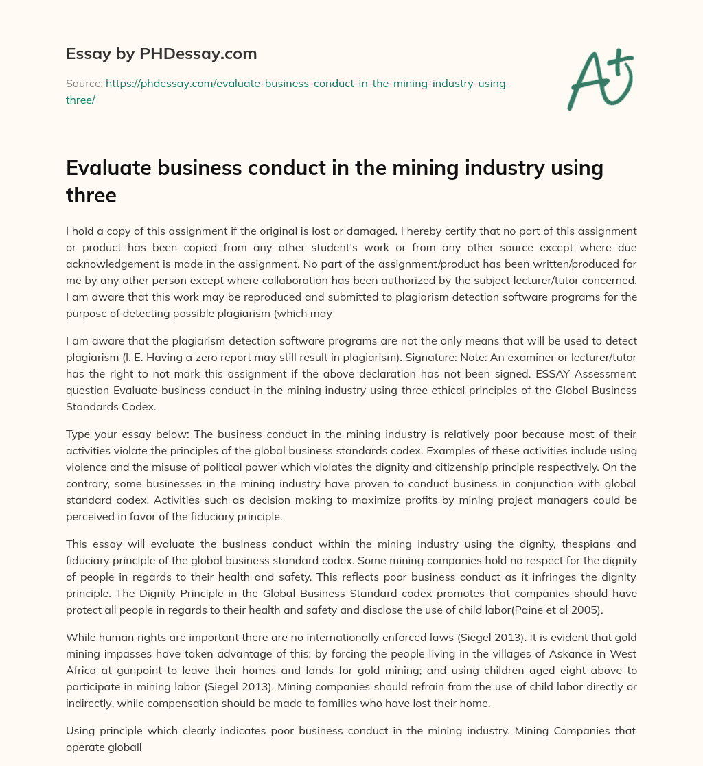 Evaluate business conduct in the mining industry using three essay
