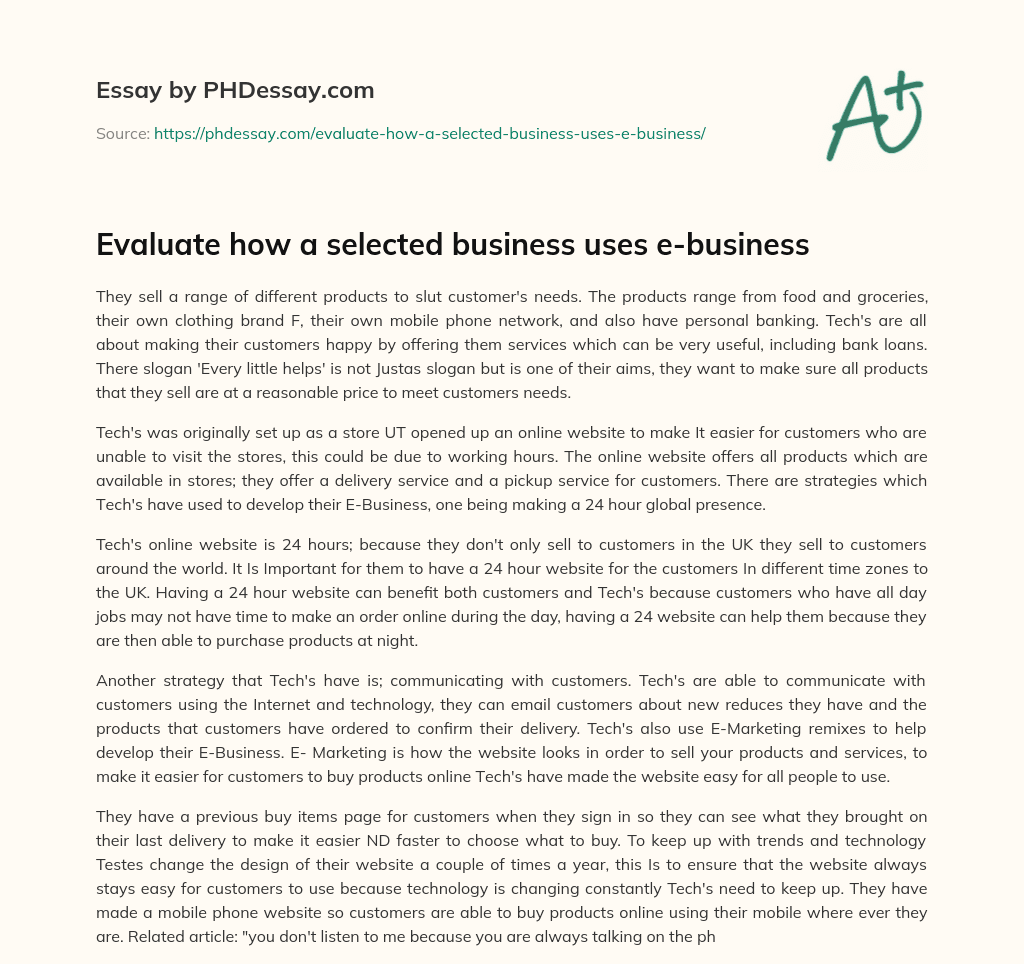 Evaluate how a selected business uses e-business essay
