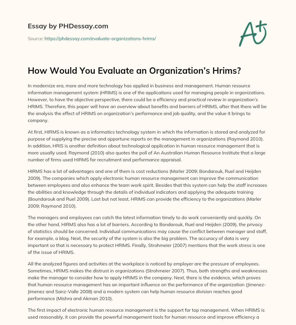 How Would You Evaluate an Organization’s Hrims? essay
