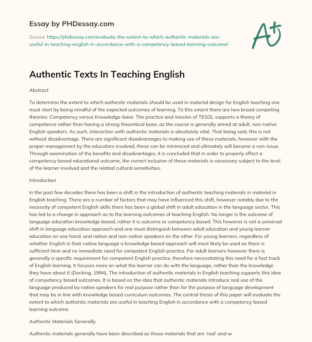 Authentic Texts In Teaching English