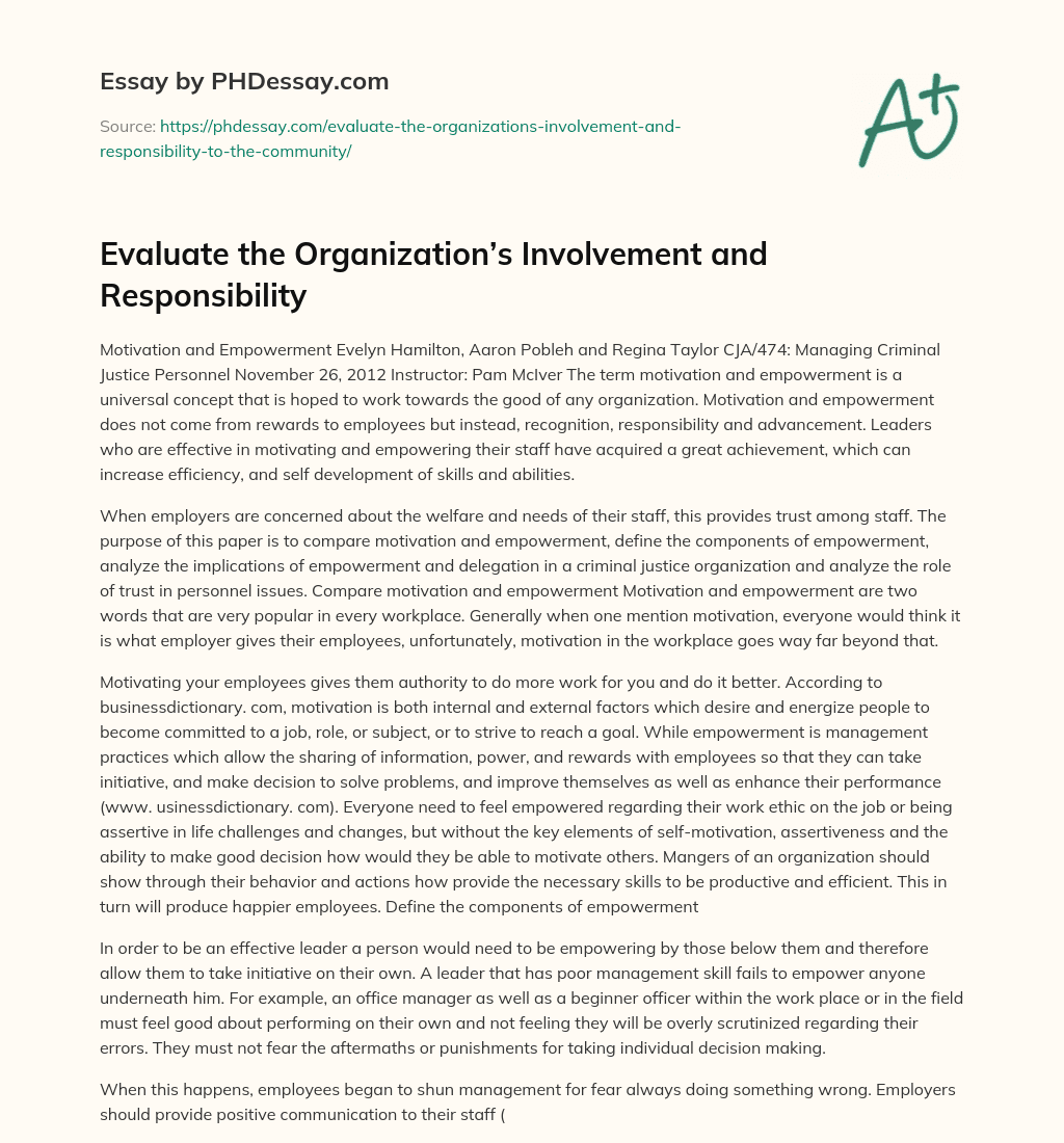 Evaluate the Organization’s Involvement and Responsibility essay
