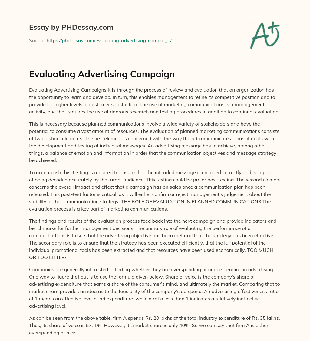 Evaluating Advertising Campaign essay