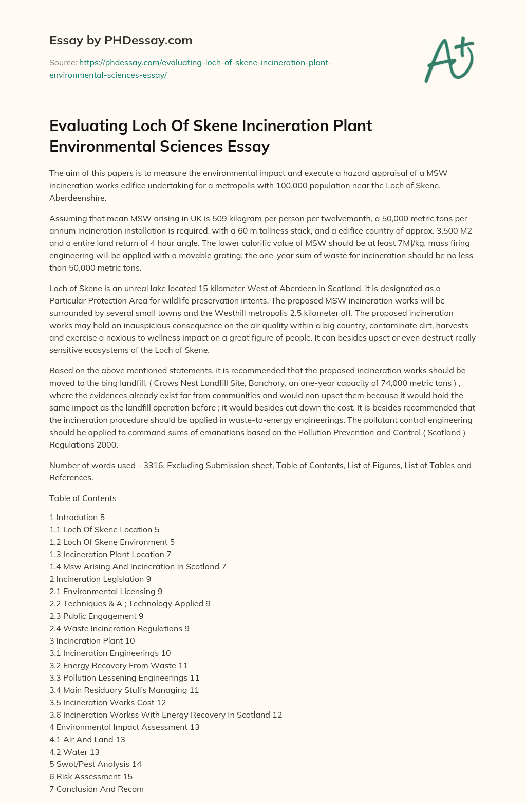 Evaluating Loch Of Skene Incineration Plant Environmental Sciences Essay essay