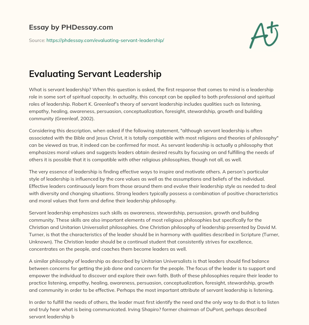 Evaluating Servant Leadership essay