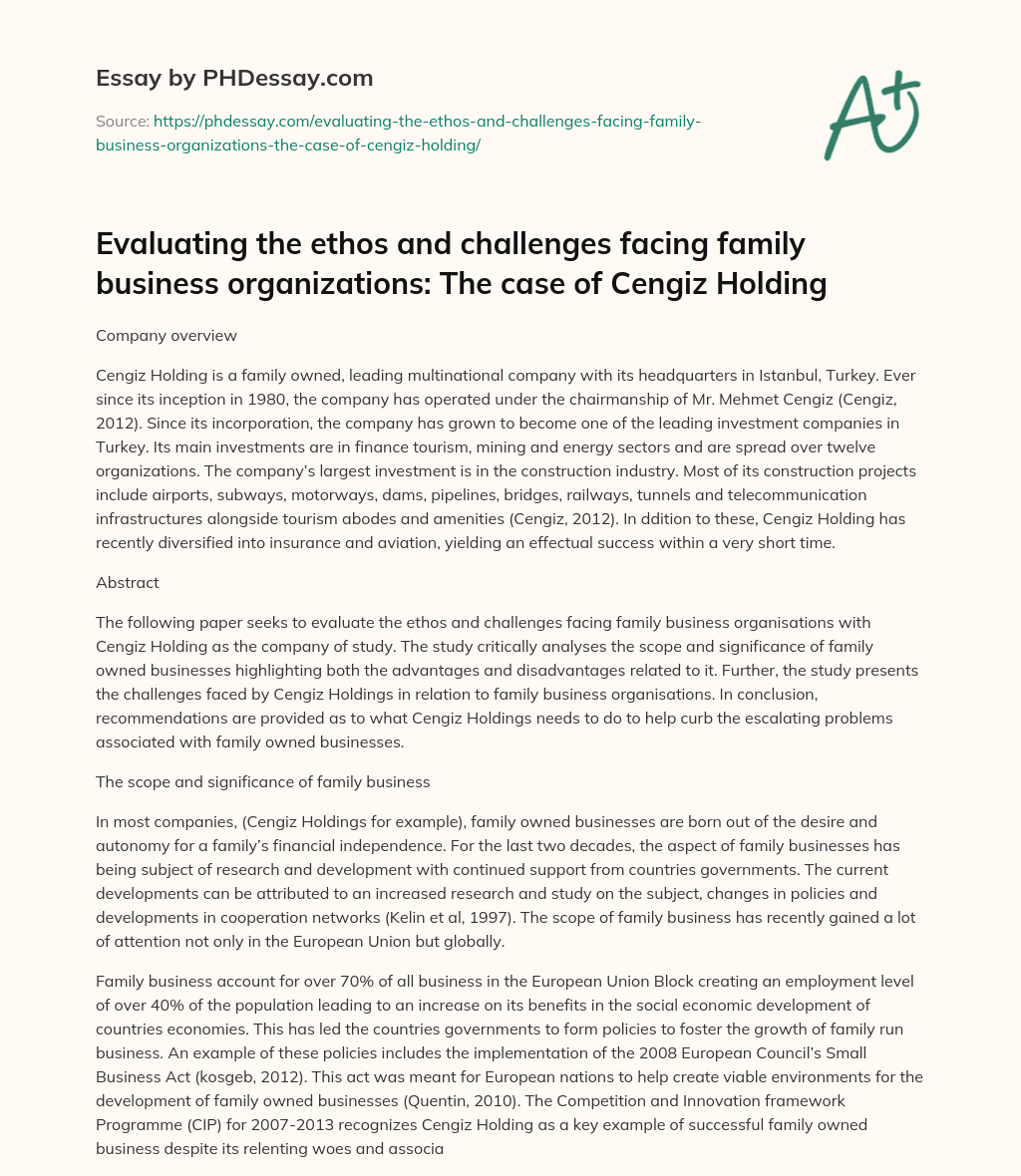 Company Profile: Cengiz Holding, a Leading Multinational Investment Company in Turkey essay