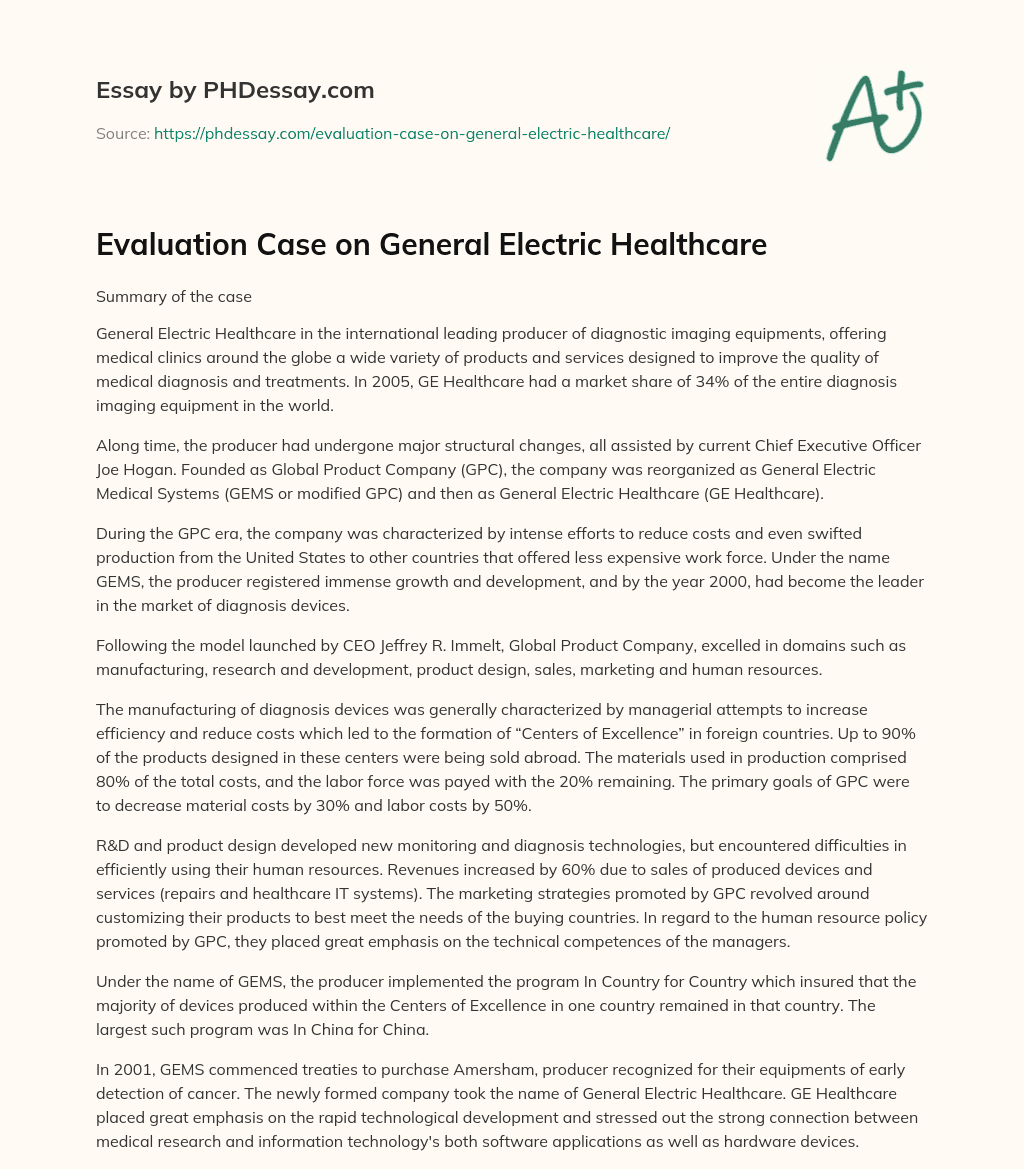 Evaluation Case on General Electric Healthcare essay