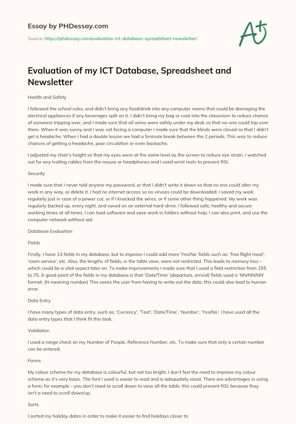 Evaluation of my ICT Database, Spreadsheet and Newsletter essay