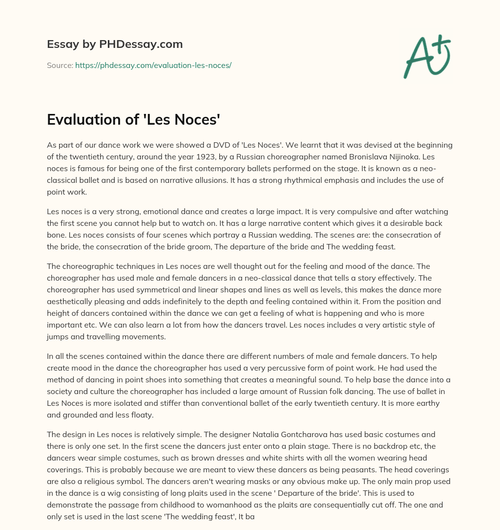 Evaluation of ‘Les Noces’ essay