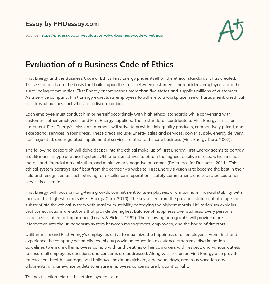 Evaluation of a Business Code of Ethics essay