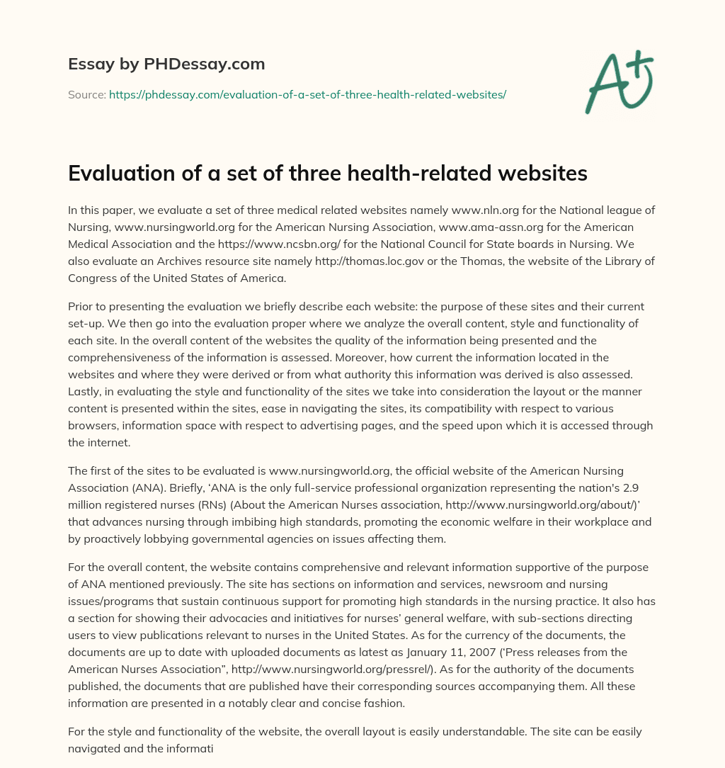 Evaluation of a set of three health-related websites essay