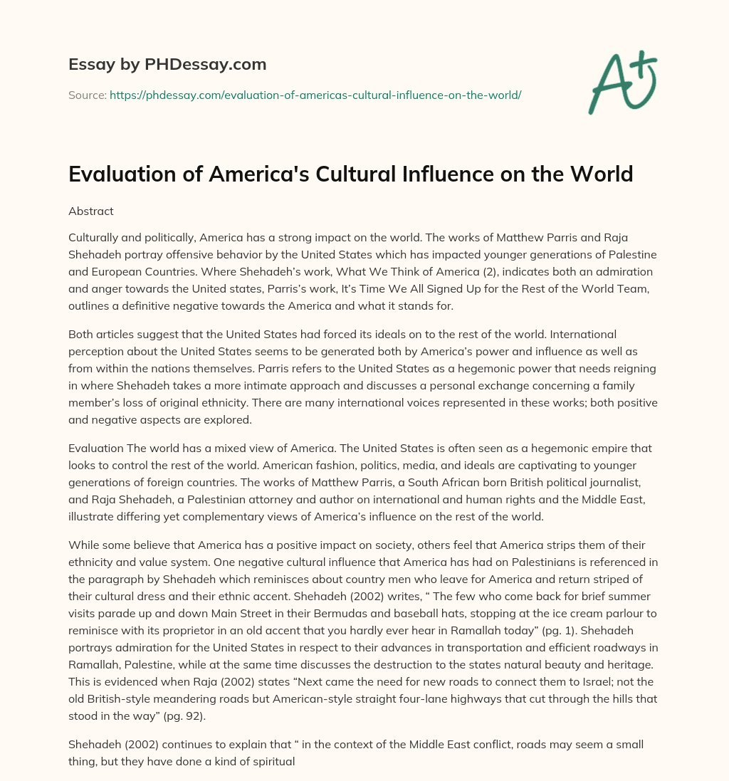 Evaluation of America’s Cultural Influence on the World essay