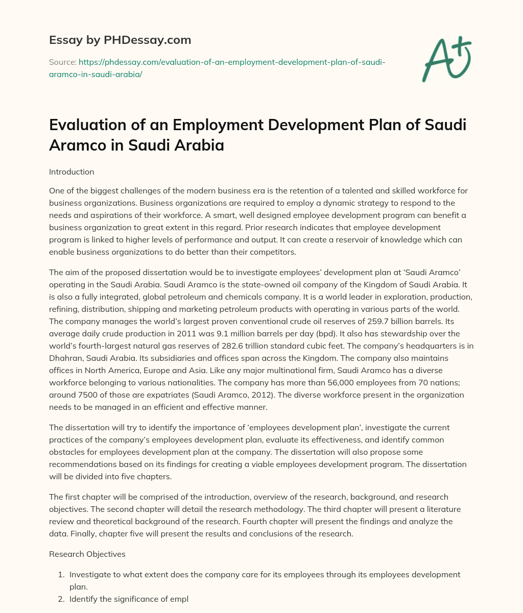 Evaluation of an Employment Development Plan of Saudi Aramco in Saudi Arabia essay