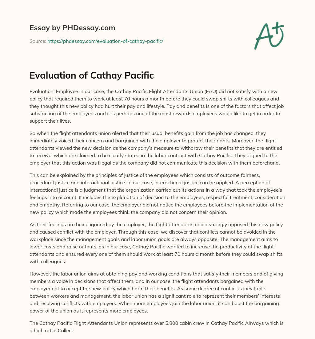 Evaluation of Cathay Pacific essay