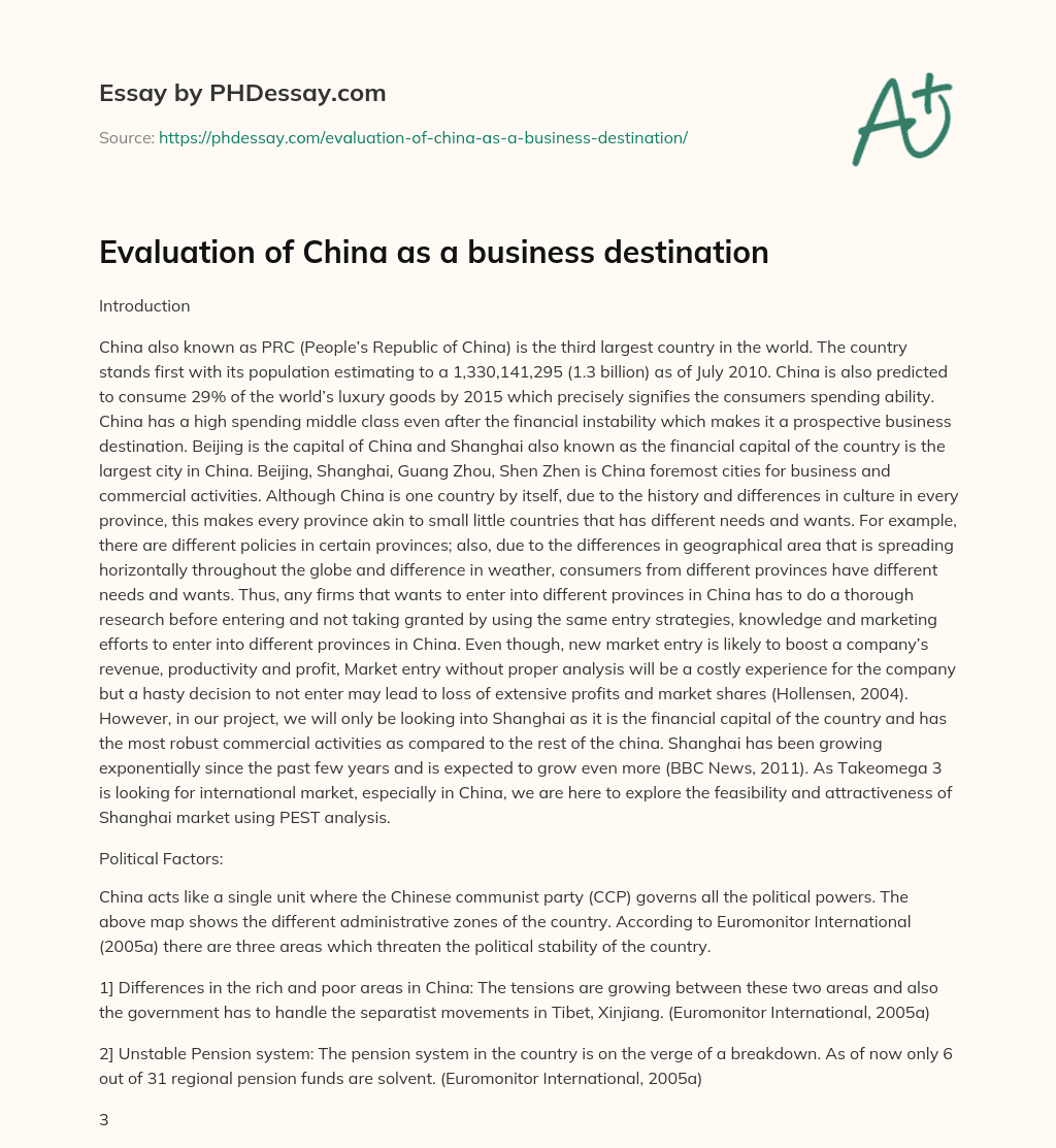 Evaluation of China as a business destination essay