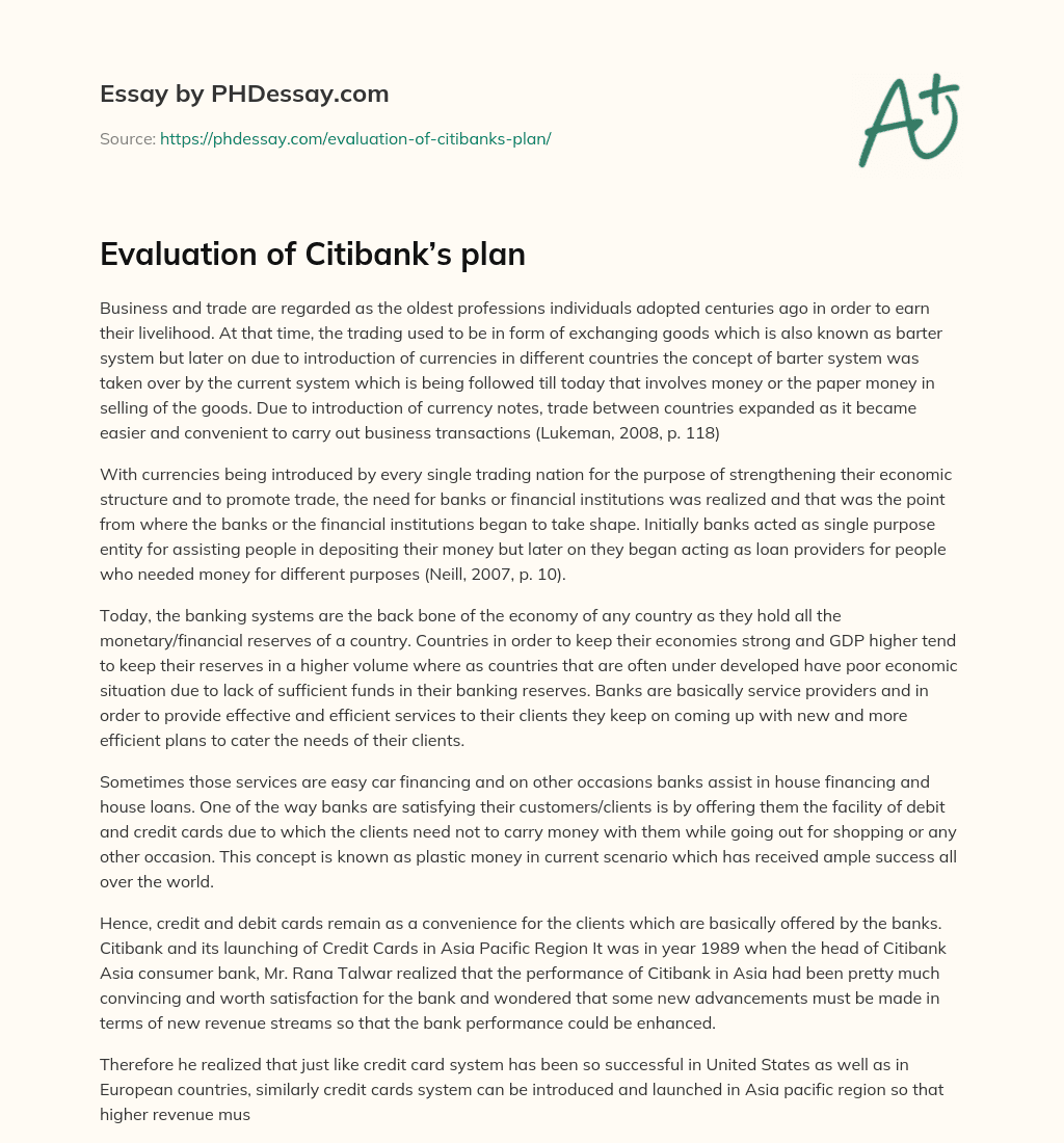Evaluation of Citibank’s plan essay