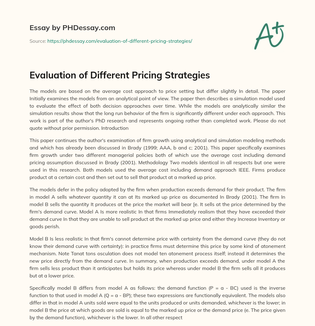 Evaluation of Different Pricing Strategies essay