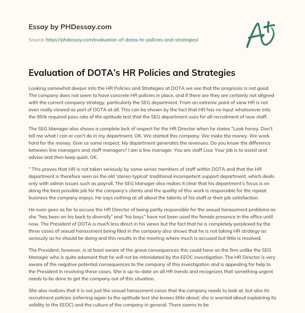 Evaluation of DOTA’s HR Policies and Strategies essay