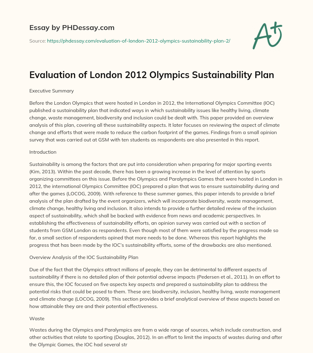 Evaluation of London 2012 Olympics Sustainability Plan essay