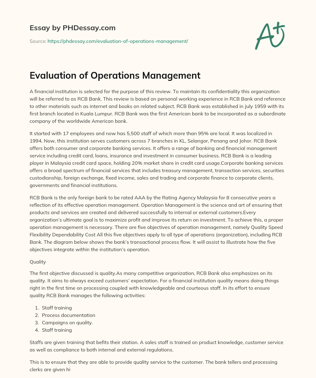 Evaluation of Operations Management essay