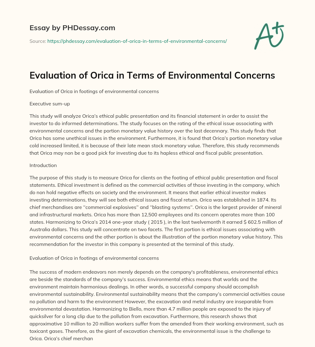 Evaluation of Orica in Terms of Environmental Concerns essay